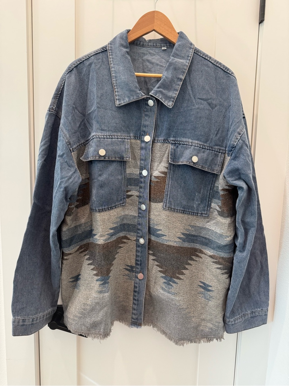 Denim & Aztec Pattern Overshirt Jacket - Blue